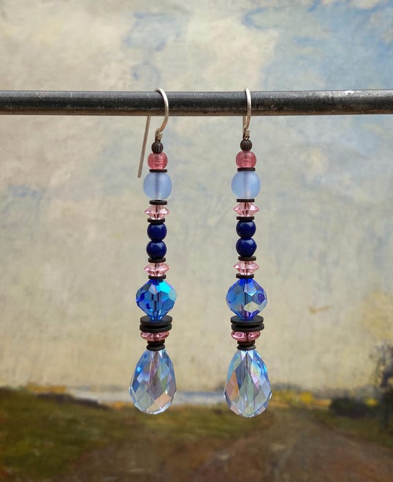 Iridescent Sapphire Crystal Earrings: Czech Glass & Bronze - Handmade