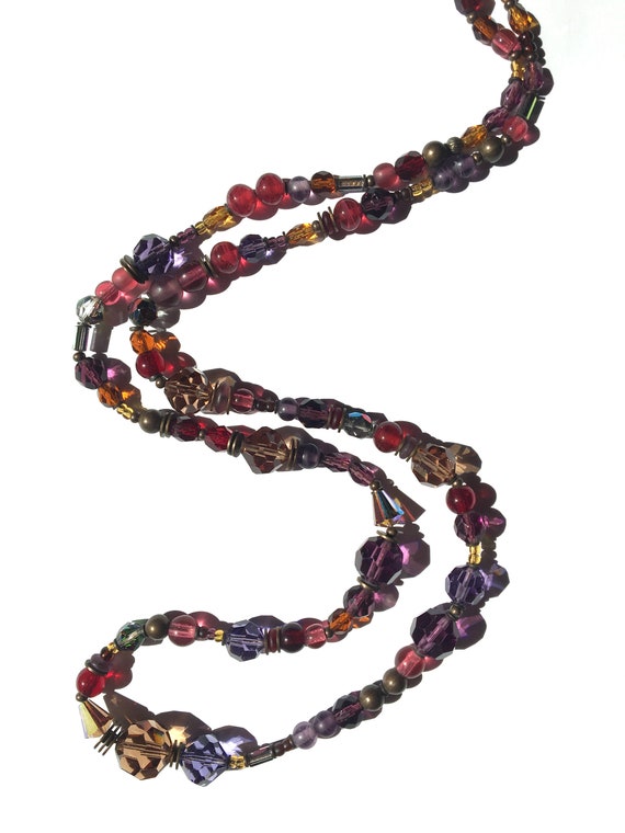 30 Inch Necklace in Garnet, Smoke Topaz, Rose, Topaz and Amethyst Austrian Crystal and Czech Glass, Art Deco Necklace, "Tangents"