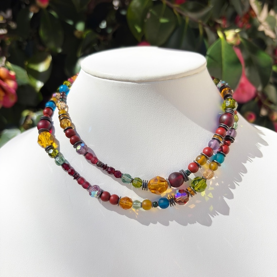 Crystal Necklace: Austrian Crystal and Czech Glass in Topaz, Garnet, Bronze, 30 inches