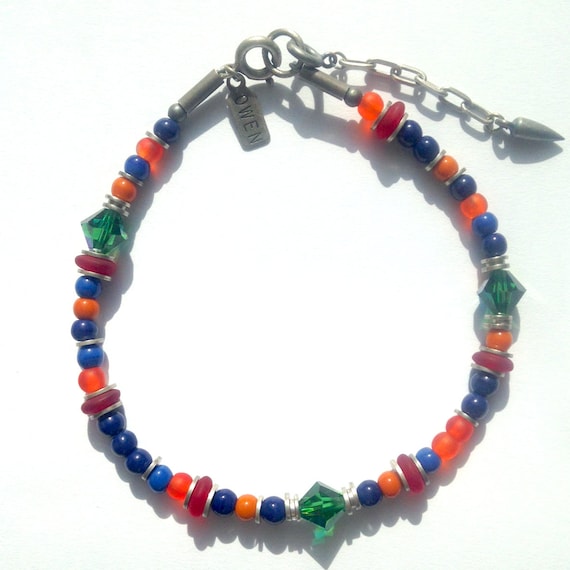 Topaz Orange, Tourmaline Green, Siam Red and Cobalt Blue Multi Colored German and Czech Glass with Austrian Crystal "Mosaic 3" Bracelet