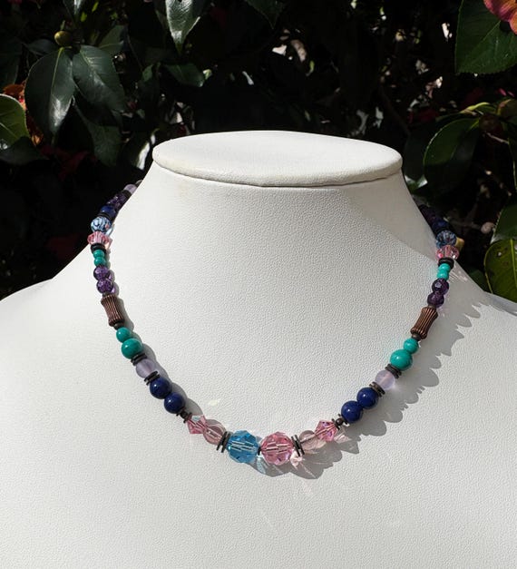 Art Deco Crystal Choker: Pastel Aqua, Pink, Cobalt, Bronze, 16 Inch Beaded Necklace