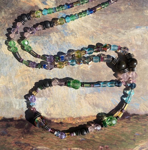 30 Inch Crystal Beaded Necklace, Pastel Czech Glass and Austrian Crystal