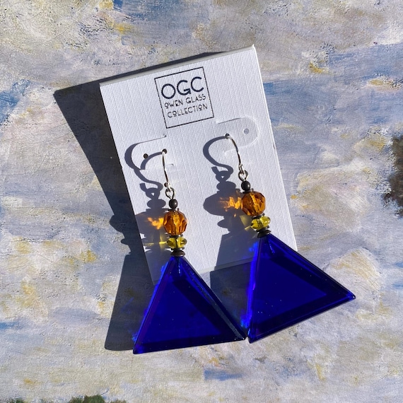 Geometric Cobalt Blue Earrings; German and Czech Glass, Bronze, Silver Wires