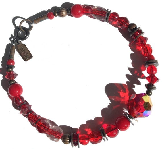 Red Crystal Bracelet, Shades of Red Czechoslovakian Glass and Austrian Crystal Beaded Bracelet with Antiqued Bronze, "Good Intentions"