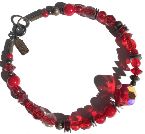 Red Crystal Bracelet, Shades of Red Czechoslovakian Glass and Austrian Crystal Beaded Bracelet with Antiqued Bronze, "Good Intentions"