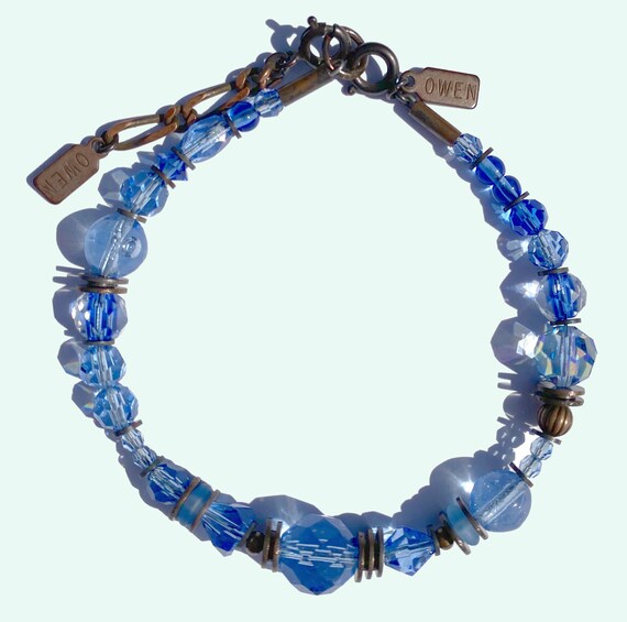 Light Sapphire Crystal Bracelet, Shades of Light Blue Austrian Crystal & Czech Glass Beaded Bracelet, Bronze Accents, "Forget Me Not"