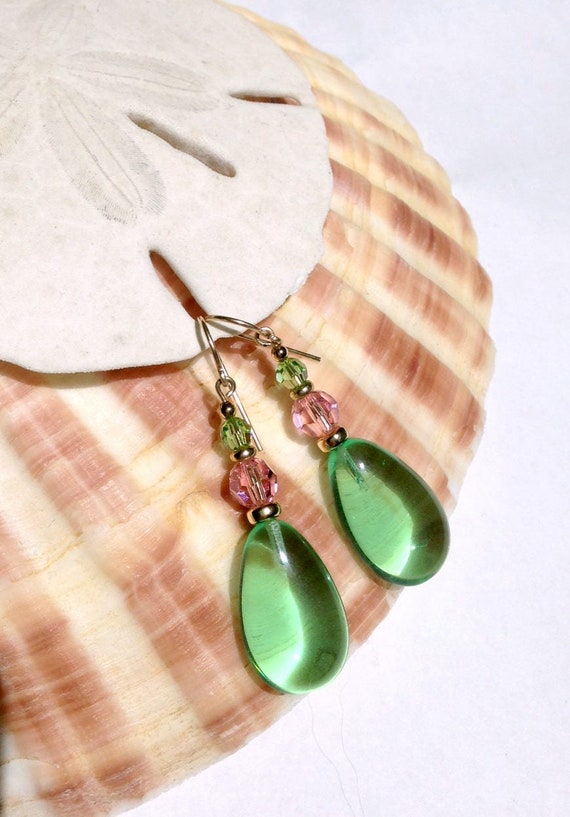 Peridot Earrings, Light Rose and Peridot Austrian Crystal Accents, Gold Trim, Art Deco Glass Drop Earrings, Handmade,  "Style 863"