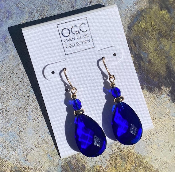 Cobalt Glass Drop Earrings: German & Czech Glass, 14K Gold-Filled