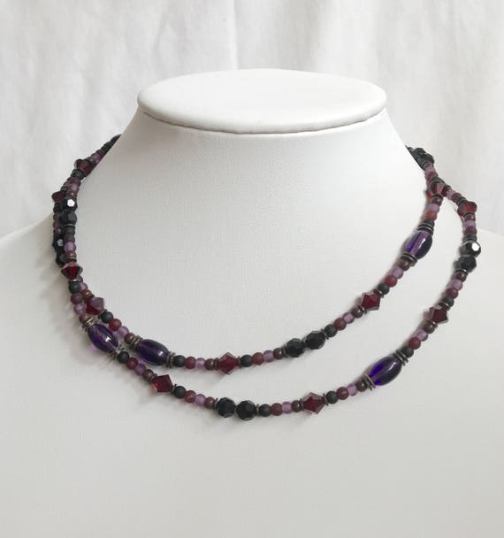 32 Inch Crystal Necklace, Amethyst, Garnet and Jet Austrian Crystal and Czech Glass Beaded Art Deco Necklace, "Nom de Plume"