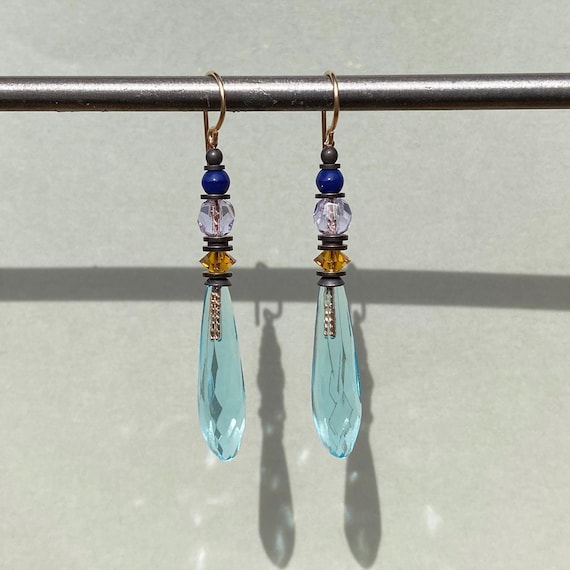 Aquamarine Chandelier Earrings, Light Blue Prism Earrings with Topaz Austrian Crystal, Cobalt and Light Amethyst Czech Glass, "Souvenir 6"