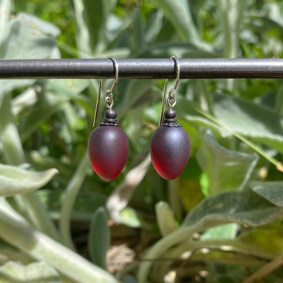 Frosted Garent Glass Earrings, Dark Red German Glass Drop Earrings, Antiqued Bronze Accents, Sterling Silver Wires, Art Deco, "Berries 25"