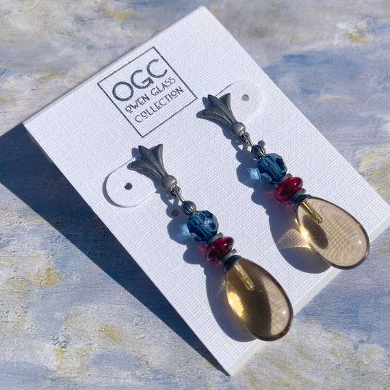 Light Smoke Topaz Post Earrings, Indigo Crystal with Garnet Czech Glass, Antiqued Silver, "Raindrops 77"