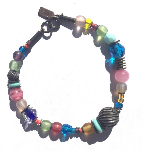 Turquoise, Rose and Capri Blue Czech Glass and Austrian Crystal Art Deco Bracelet, "Paris Express"