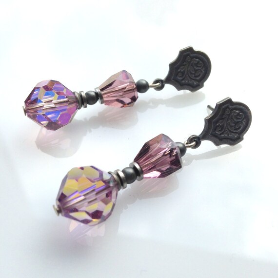 Light Amethyst Earrings, Pale Lilac Austrian Crystal, Antique Japanese Amethyst Glass, Stainless Steel Posts, Art Deco Earrings, "Style 274"