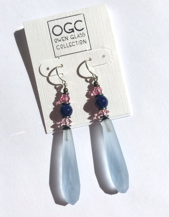 Frosted Blue Earrings, Pastel Blue Chandelier Earrings, Pink Austrian Crystal, Cobalt Czech Glass, Art Deco, Antiqued Bronze, "Style 305"