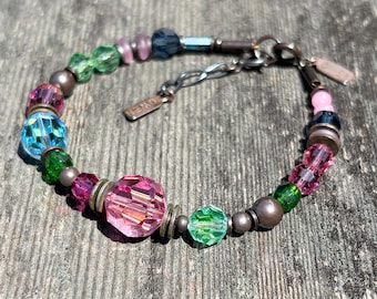 Pink & Aqua Crystal Beaded Bracelet: Czech Glass, Peridot, Bronze