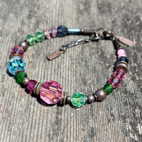Pink & Aqua Crystal Beaded Bracelet: Czech Glass, Peridot, Bronze