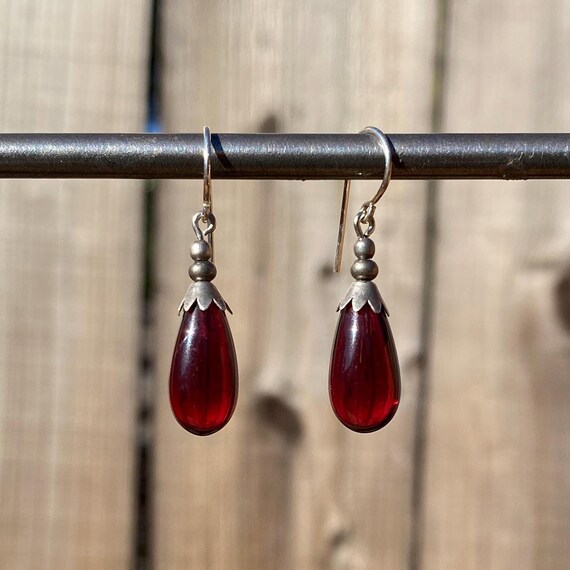 Burgundy Glass Drop Earrings: Garnet German Glass Drops, "Silver Brights 1"