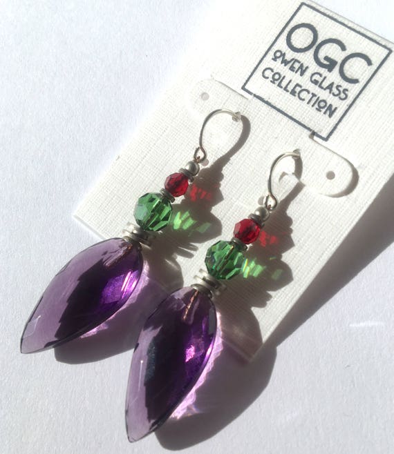 Amethyst Glass Earrings: Art Deco Style Glass and Austrian Crystal Dangle Earrings