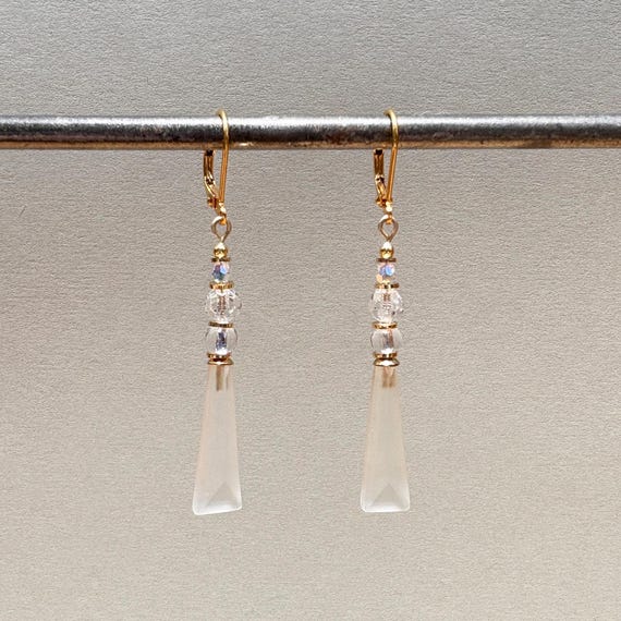 Frosted White Geometric Earrings; Czech & German Glass, Crystal, Gold, Handmade