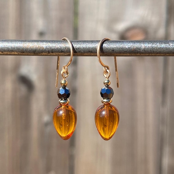 Topaz Glass Earrings: Hematite Crystal, Gold Trim