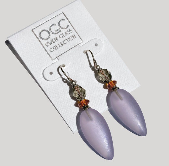 Frosted Light Amethyst Earrings, German Glass in Light Purple, Topaz and Light Smoke Topaz Czech Glass Top Beads, Art Deco, Style 553