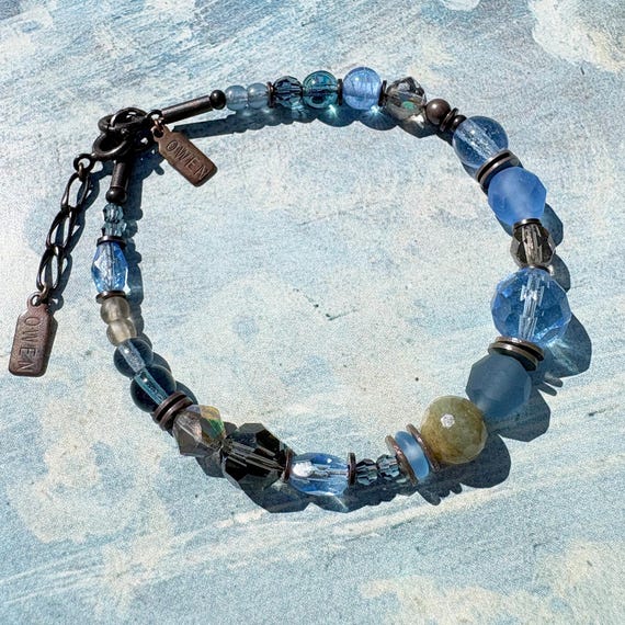 Frosted Indigo Crystal Bracelet, Sapphire Austrian Czech Glass, Labradorite, Bronze Moonlit Indigo