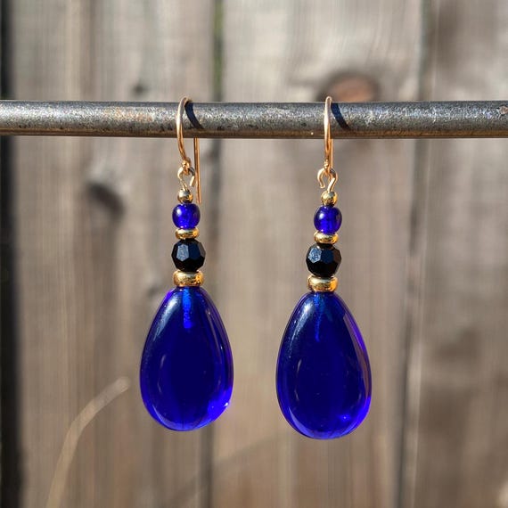 Cobalt and Gold Earrings: German and Czech Glass with Jet Crystal