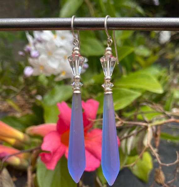 Frosted Sapphire Prism Earrings, Antique Austrian Crystal in Pale Blue, Clear Austrian Crystal Top Beads, Rare Glass, Art Deco, Style 695