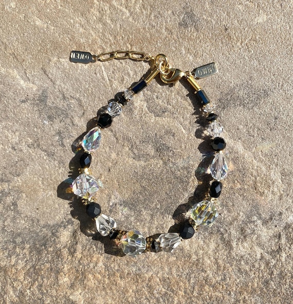 Crystal and Jet Beaded Bracelet, Antique Czech Glass, Austrian Crystal, Gold Trim, Rare Glass, Iridescent Glass, Art Deco, "Second Gala"