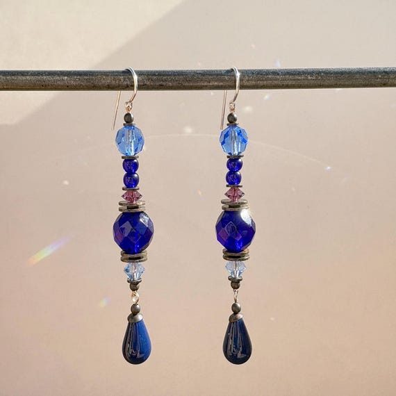 Cobalt Dangle Earrings; Czech Glass, Austrian Crystal, Silver, Art Deco