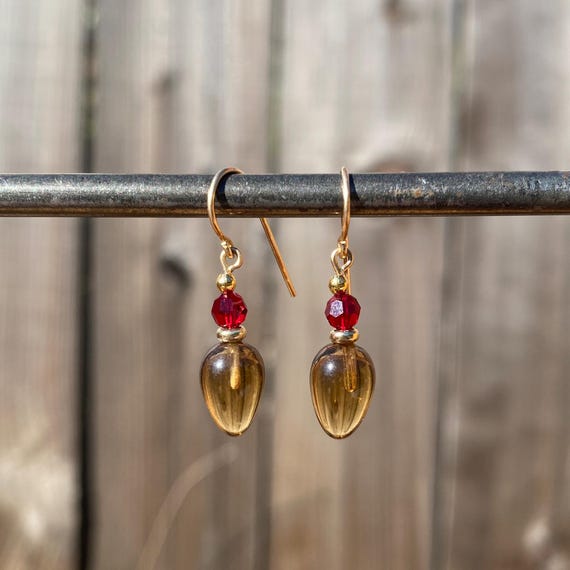 Light Smoke Topaz Glass Earrings: Red Crystal, Gold Trim