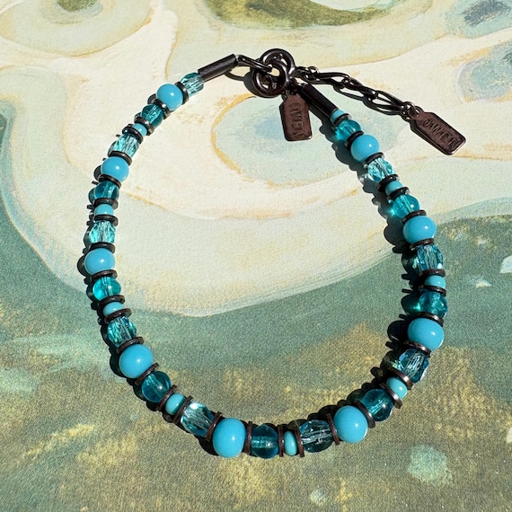 Turquoise Beaded Bracelet: Czech Glass, Bronze, Deco