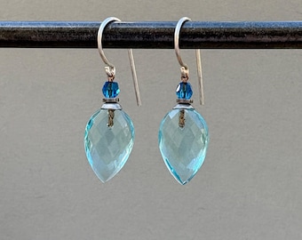 Aqua Glass Dangle Earrings: Turquoise Crystal Accents, Silver