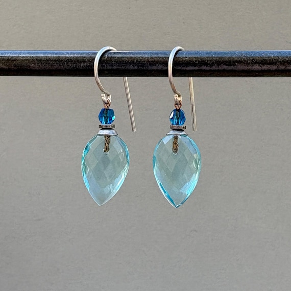 Aqua Glass Dangle Earrings: Turquoise Crystal Accents, Silver