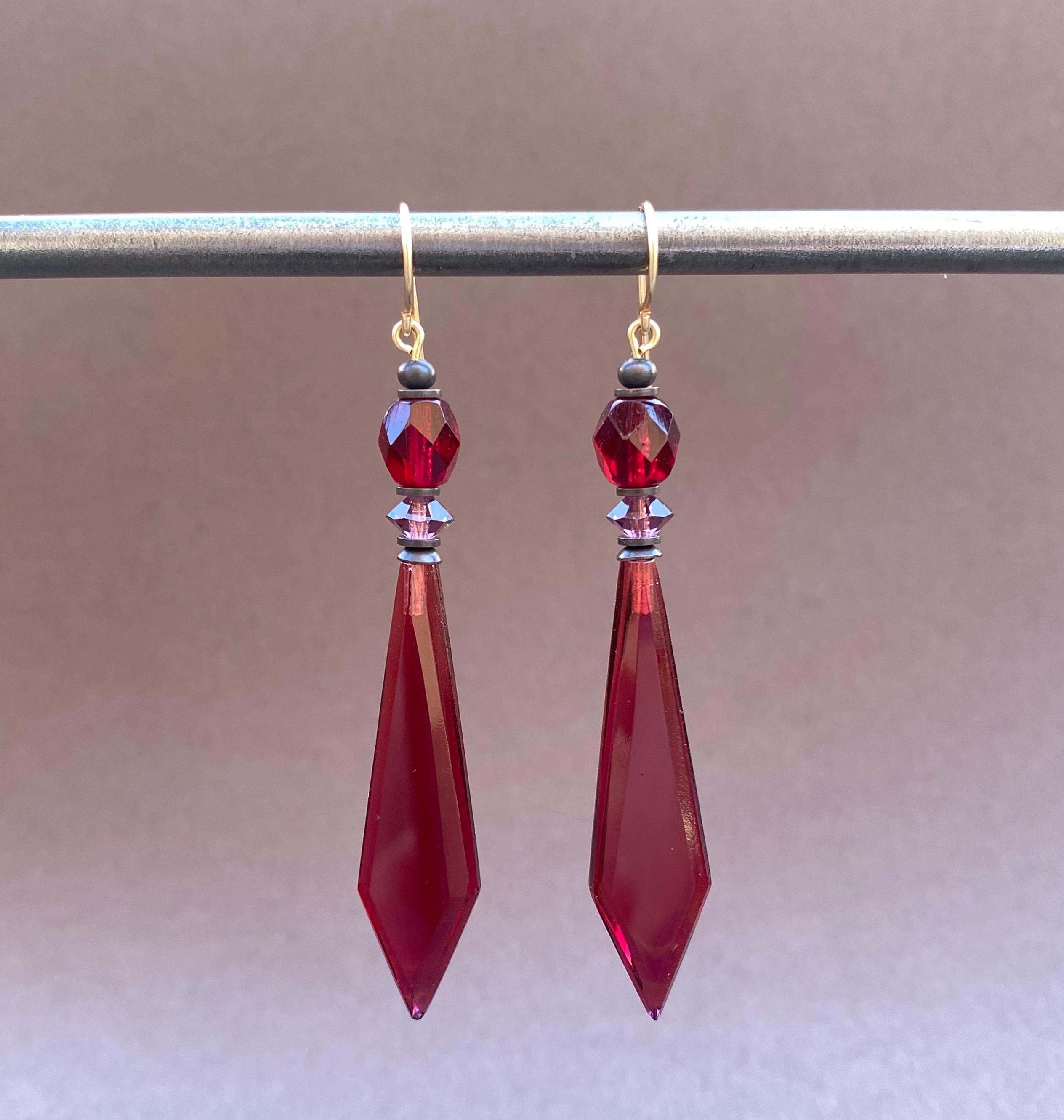 Dark Pink Glass Earrings Diamond Shaped Deep Rose German Glass Drops Amethyst Austrian Crystal Garnet Czech Glass Focal Beads Dahlia