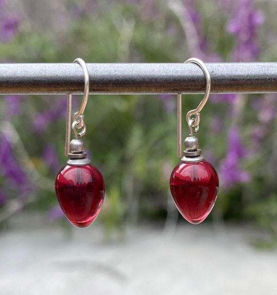 Burgundy Red Glass Earrings, Dark Pink German Glass Drop Earrings, Sterling Silver Ear Wires, Art Deco, Dainty Earrings, Mini Berries 22