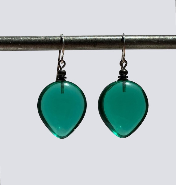 Teal Glass Earrings, German Glass, Smooth Blue-Green Glass Drops, Rare Glass, Handmade in the USA, "Almonds 7"