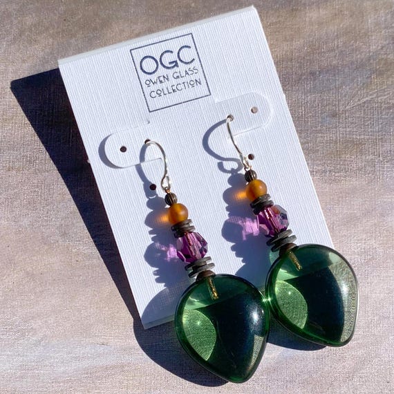 Tourmaline Green Glass Earrings: German Glass, Amethyst Crystal, Bronze Accents