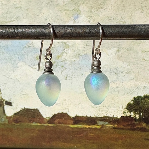 Frosted Aquamarine Glass Earrings: Iridescent German Glass, Art Deco