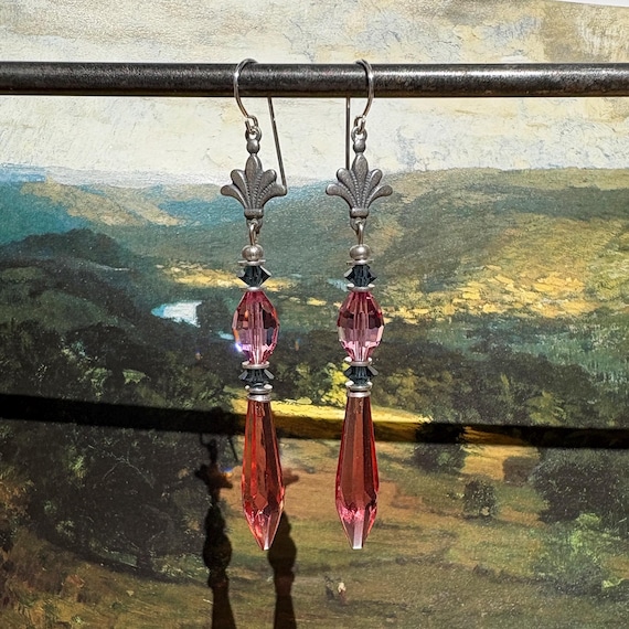 Pink Austrian Chandelier Earrings; Vintage Glass, Art Deco Earrings