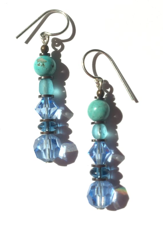 Turquoise and Crystal Earrings, Aqua, Sapphire, Natural Turquoise, Shades of Blue, Beaded Earrings, Antiqued Bronze, "Elements 8"