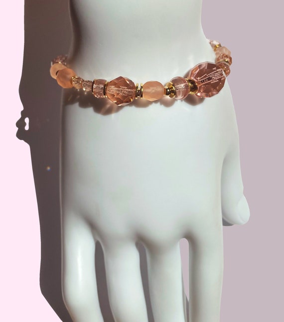Pastel Peach Crystal Bracelet, Czechoslovakian Glass Beads, Gold Trim, Art Deco, Handmade Bracelet, "Porcelina"