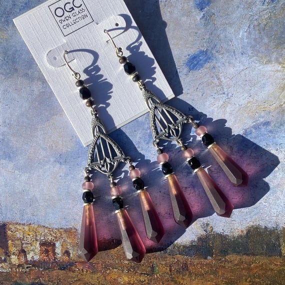 Antique Amethyst Chandelier Earrings: Antique Czech Glass, Silver Filigree
