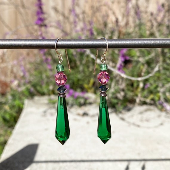 Emerald Green Earrings, Emerald Antique Czech Glass Prisms, Pink, Indigo Austrian Crystal, Art Deco Era Glass, Antique, "Style 157"