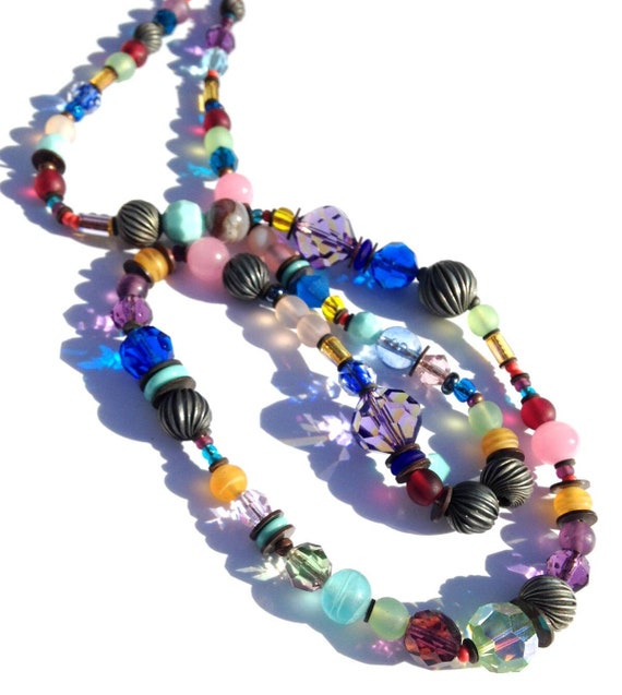 24 Inch Crystal Necklace, Turquoise, Light Rose and Amethyst Beaded Necklace, Austrian Crystal, Czech Glass, Art Deco, "Paris Express"