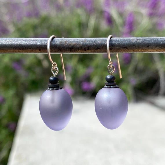 Frosted Light Amethyst Earrings, German Glass Drops with Antiqued Bronze Accents and Sterling Silver Ear Wires, "Berries 3"