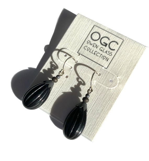 Jet Earrings, Black Glass Drop Earrings, Fluted Glass Drops, Bronze Accents, Art Deco, Sterling Silver Ear Wires, "Seedpods 15"