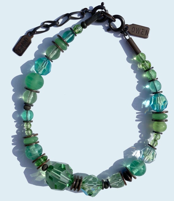 Peridot Crystal Bracelet, Shades of Light Green Austrian Crystal & Czech Glass Beaded Bracelet, Bronze Accents, "Green Dream"
