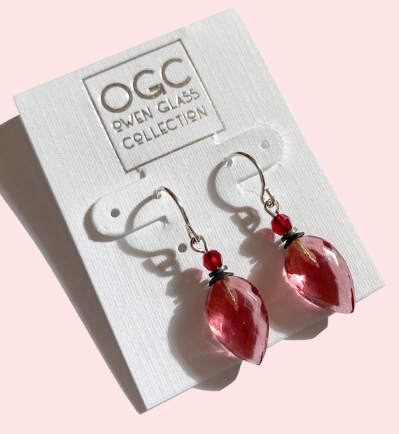 Pink Glass Earrings, Austrian Crystal Accents in Red, German Glass Faceted Pastel Pink Earrings, Art Deco, Silver and Bronze, "Birdsong 15"